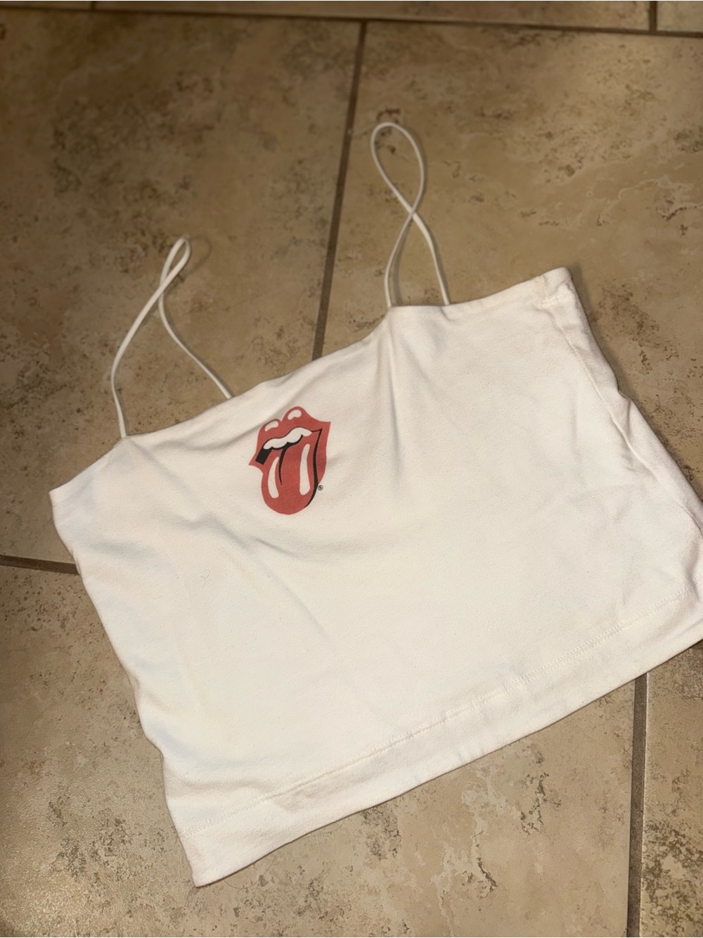 Tahari White Spaghetti Strap Crop Top with Red Lip Graphic